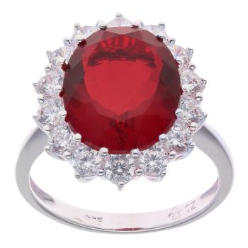 Silver Cubic Zirconia and Red Gemstone Cluster Ring by Icesia