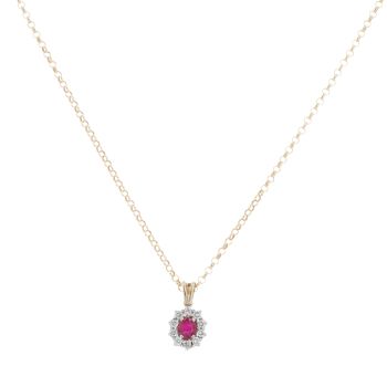 14ct Yellow Gold 0.30ct Brilliant Cut Diamond And Ruby Cluster Pendant And Chain 18"