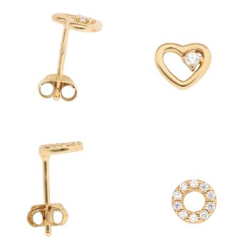Silver Gold Plated Cubic Zirconia Heart and Halo Stud Earrings Set of Two