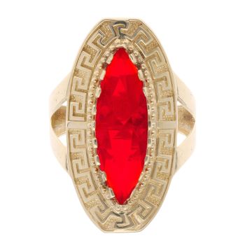 14ct Yellow Gold Red Gemstone Greek Key Ring