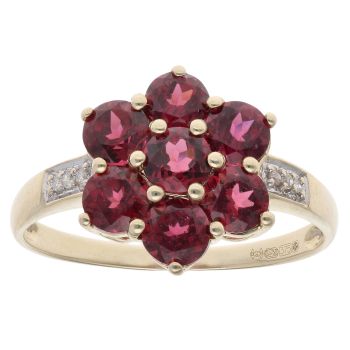 9ct Yellow Gold 0.03ct Diamond And Red Gemstone Cluster Ring