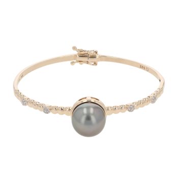 9ct Yellow Gold 0.10ct Diamond And Grey Cultured Pearl Bangle