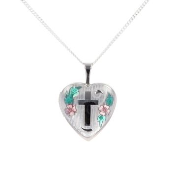 Silver Floral And Cross Heart Locket And Chain 18" by Icesia