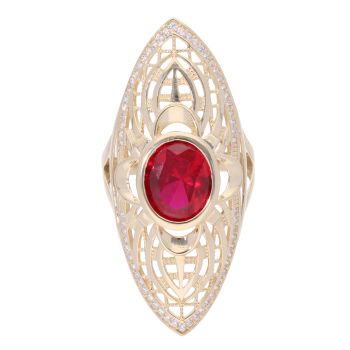 14ct Yellow Gold Cubic Zirconia And Red Gemstone Set Ring