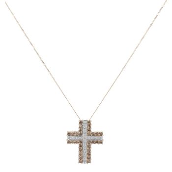9ct Yellow Gold 1.00ct Champagne And Colourless Diamond Cross Pendant And Chain 18"