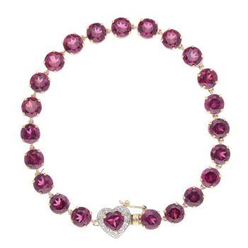 9ct Yellow Gold 0.05ct Diamond And Purple Garnet Heart Cluster Bracelet 7"