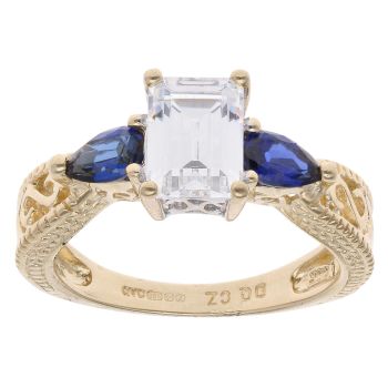 14ct Yellow Gold Cubic Zirconia And Sapphire Three Stone Ring