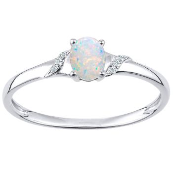 9ct White Gold Oval Opal and Diamond Shoulders Engagement Ring