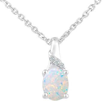 9ct White Gold Oval Opal and Diamond Pendant Necklace