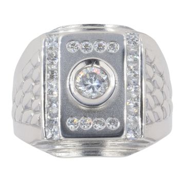 18ct White Gold Cubic Zirconia Patterned Signet Ring