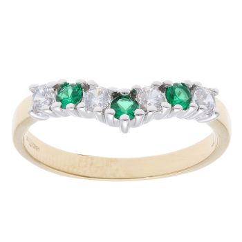 9ct Yellow Gold Green Gemstone And Cubic Zirconia Wishbone Ring