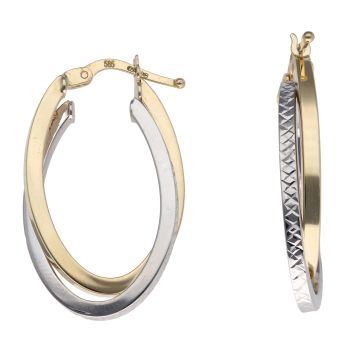14ct Yellow And White Gold Oval Duo Hoop Earrings
