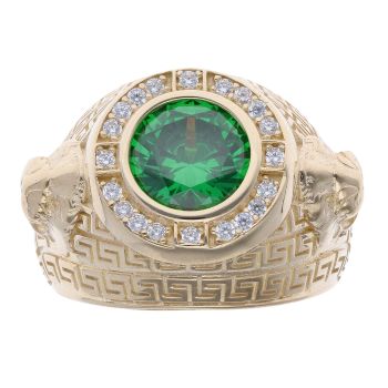 14ct Yellow Gold Green Gemstone Lion And Greek Key Signet Ring