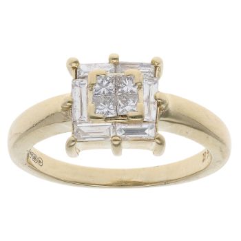 14ct Yellow Gold 0.65ct Princess And Baguette Cut Diamond Cluster Ring
