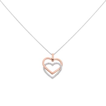 9ct White and Rose Gold Cubic Zirconia Inter-linked Double Heart Pendant and Chain 18"