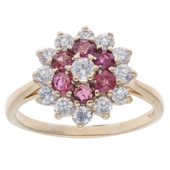 9ct Yellow Gold Ruby and Cubic Zirconia Cluster Ring