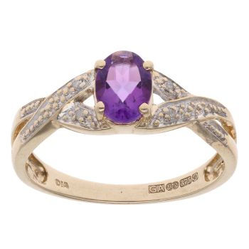 9ct Yellow And White Gold 0.05ct Diamond And Amethyst Ring
