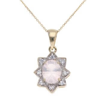 9ct Yellow Gold Cubic Zirconia and Rose Quartz Pendant and Chain 18"