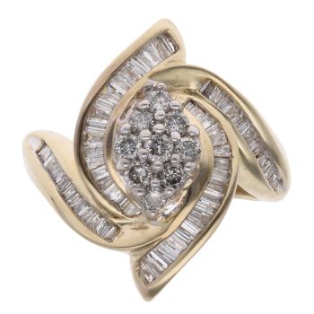 9ct Yellow Gold 0.90ct Brilliant And Baguette Cut Diamond Cluster Ring