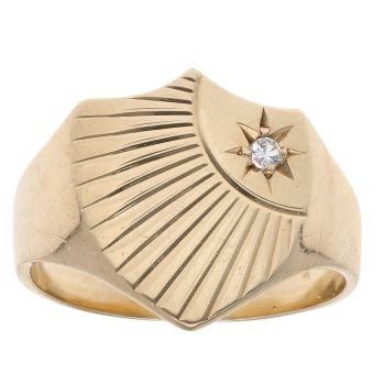 9ct Yellow Gold Cubic Zirconia Patterned Shield Signet Ring
