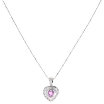 18ct White Gold 0.50ct Diamond and Pink Sapphire Heart Pendant and Chain 18"