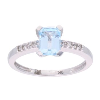 9ct White Gold Blue Topaz and Diamond Rectangular Ring