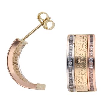 14ct Yellow, White And Rose Gold Cubic Zirconia Greek Key Cuff Earrings