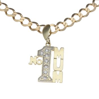 9ct Yellow Gold Cubic Zirconia No.1 Mum Pendant and Curb Chain 22"