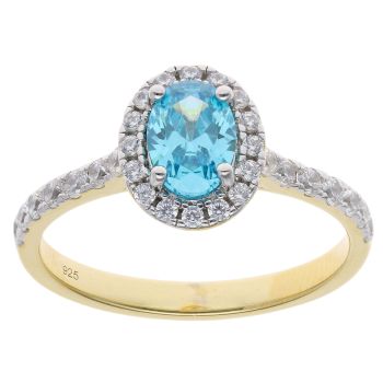 Gold Plated Silver Aquamarine And Cubic Zirconia Cluster Ring
