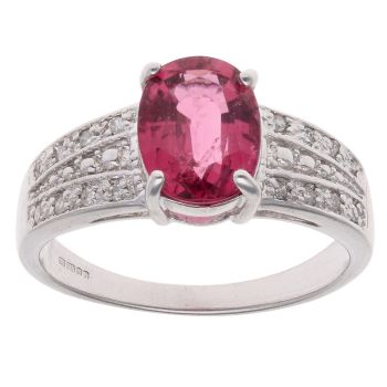 9ct White Gold 0.10ct Diamond And Red Tourmaline Ring