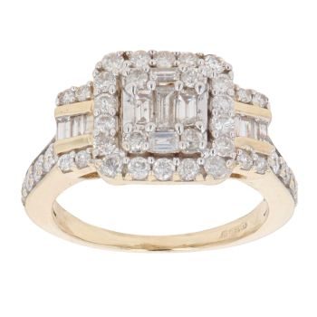14ct Yellow Gold 1.00ct Brilliant and Baguette Cut Diamond Cluster Ring