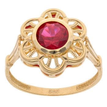 14ct Yellow Gold Red Gemstone Flower Ring