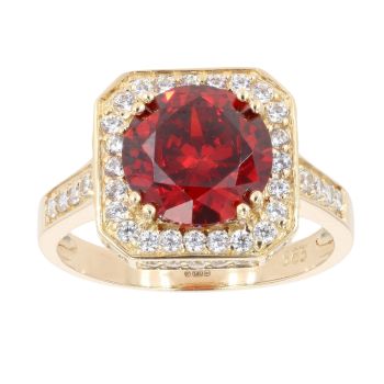 14ct Yellow Gold Red Gemstone And Cubic Zirconia Cluster Ring