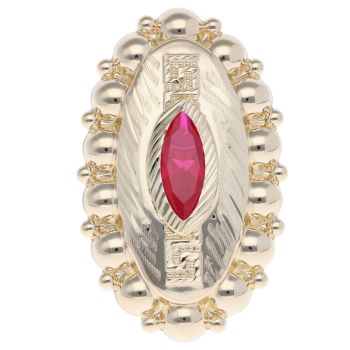 14ct Yellow Gold Red Gemstone Greek Key Patterned Marquise Ring