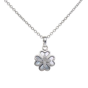 925 Sterling Silver Mother Of Pearl And Cubic Zirconia Clover Pendant and Chain 18"