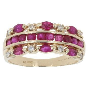 9ct Yellow Gold 0.15ct Diamond and Ruby Three Row Ring