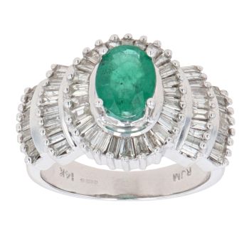 14ct White Gold 1.25ct Baguette Cut Diamond And Emerald Cluster Ring