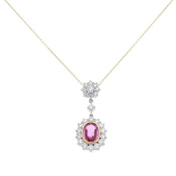 18ct Yellow And White Gold Pink Sapphire Cluster Pendant And Chain 18"
