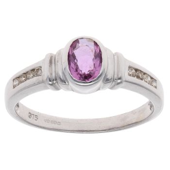 9ct White Gold Pink Sapphire And 0.15ct Diamond Solitaire Ring