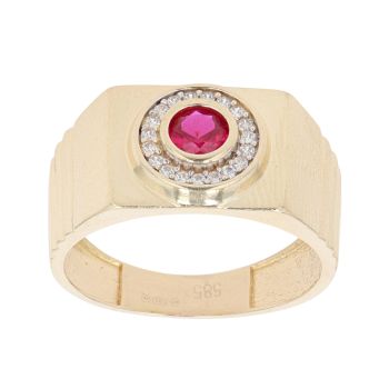 14ct Yellow Gold Cubic Zirconia And Created Ruby Signet Ring