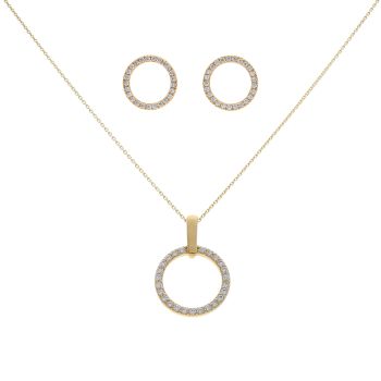Silver Gold Plated Cubic Zirconia Disc Pendant and Earrings Set