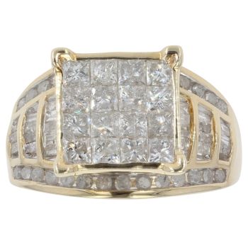 9ct Yellow Gold 2.00ct Princess, Brilliant And Baguette Cut Diamond Cluster Ring