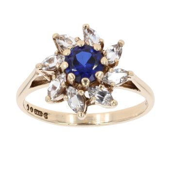 9ct Yellow Gold Created Sapphire And Cubic Zirconia Cluster Ring