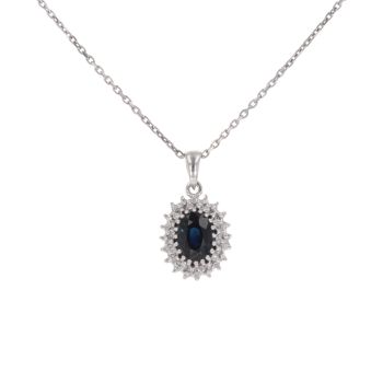 9ct White Gold Sapphire And 0.10ct Diamond Cluster Pendant and Chain 20"