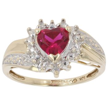 9ct Yellow and White Gold 0.05ct Diamond and Created Ruby Heart Cluster Ring
