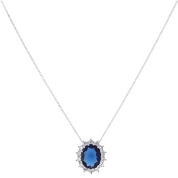 Silver Cubic Zirconia And Blue Gemstone Cluster Pendant And Chain 18" By Icesia