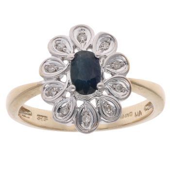 9ct Yellow Gold 0.05ct Diamond And Sapphire Floral Cluster Ring