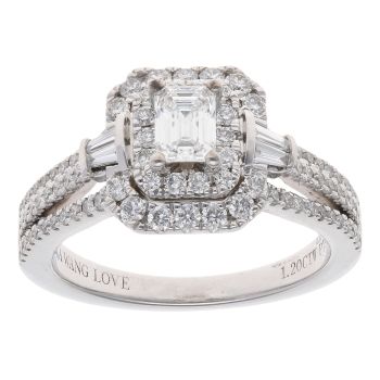 Vera Wang Platinum 1.20ct Emerald Baguette and Brilliant Cut Diamond Cluster Ring