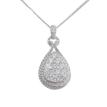 18ct White Gold 1.50ct Diamond Cluster Tear Drop Pendant and Chain 16"