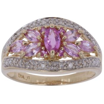 9ct Yellow Gold 0.10ct Diamond and Pink Sapphire Cluster Ring